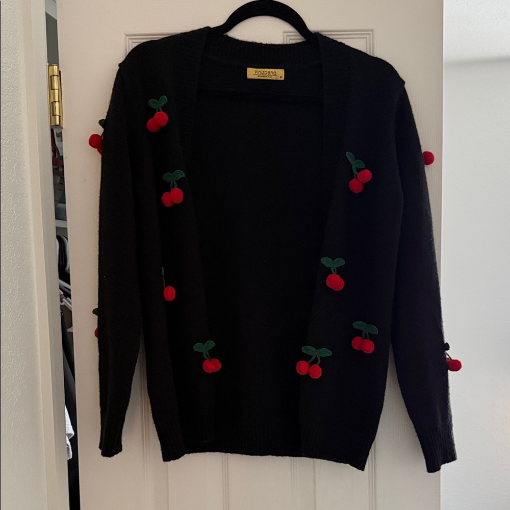 Modcloth Black Cardigan with Red Cherry Accents